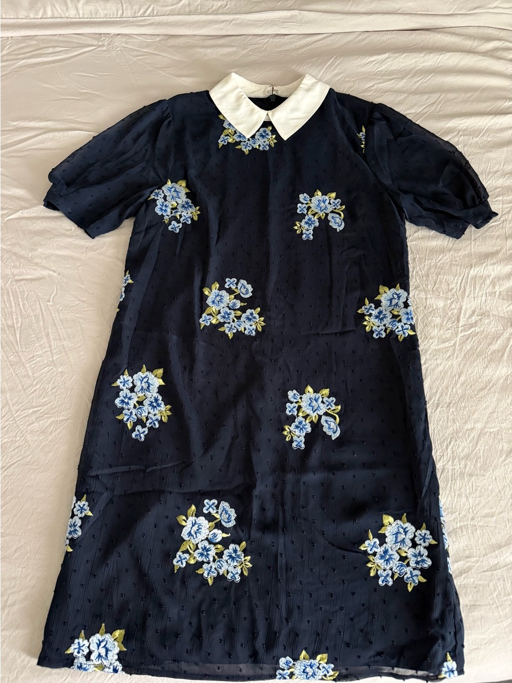 CeCe Navy Dress with White Peter Pan Collar and Blue Floral Embroidery